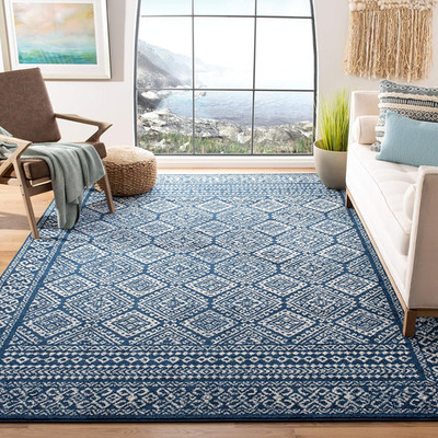 Tulum 10' Square Area Rug - Navy & Ivory Moroccan Boho Design, Easy Clean