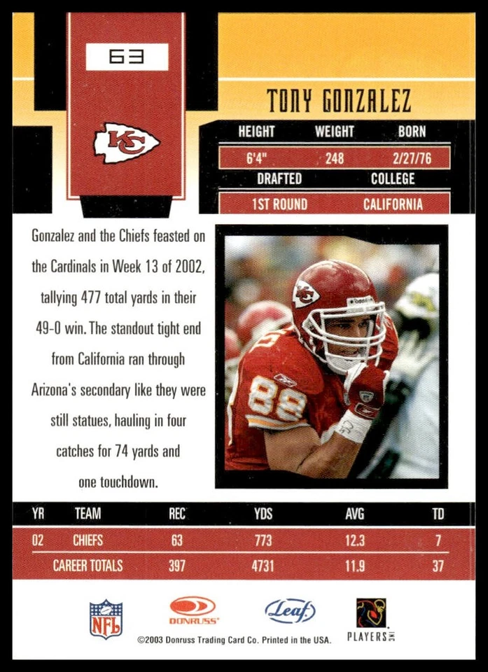 2003 Leaf Certified Materials #63 Tony Gonzalez Kansas City Chiefs NM+ - Image 2 of 2