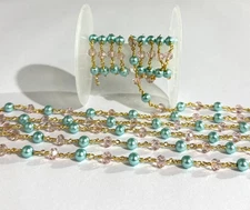 6mm Sky Blue Shell Pearl & Pink Crystal Beaded Rosary Chain Jewelry Making