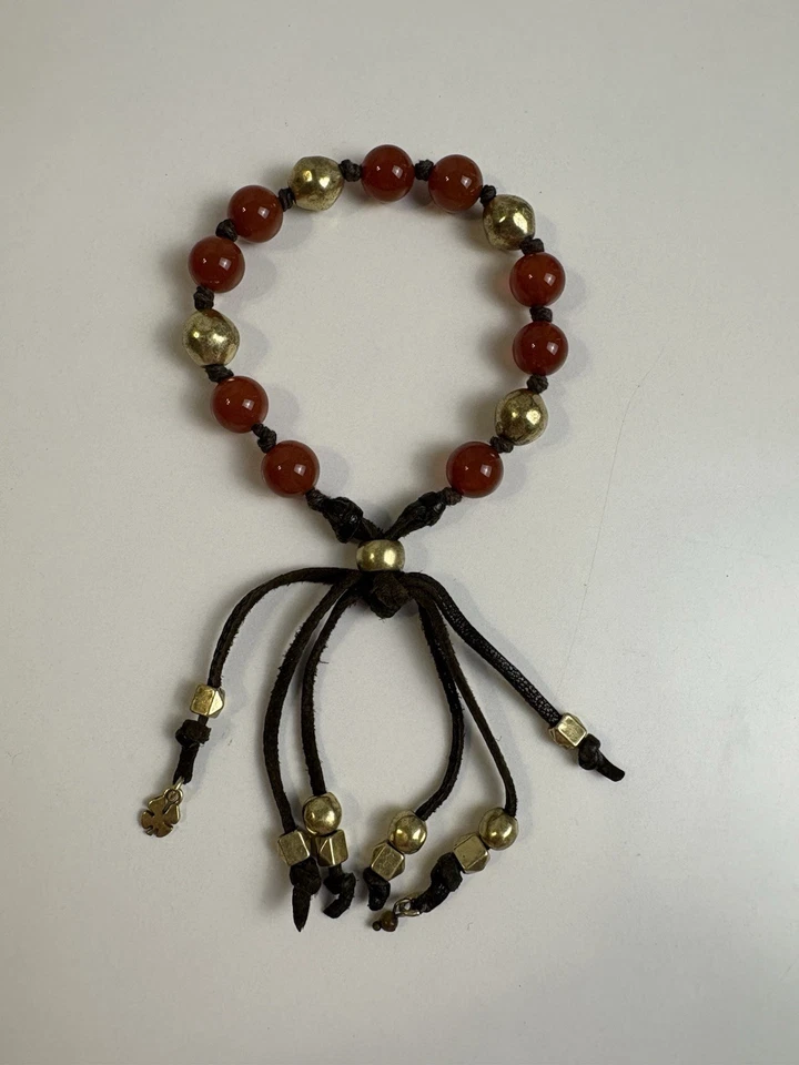 Браслет Lucky Brand кожаный шнур латунь и сердолик бусины регулируемый унисекс богемное - Изображение 4 из 4