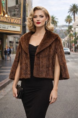 VTG Red Real Fur Shawl Caplet Cape Cropped Swing Old Money Hollywood Glam