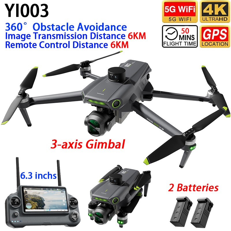 YI003 Drone GPS FPV 6KM 3-axis Gimbal 4K Camera Obstacle Avoidance 2 Battery