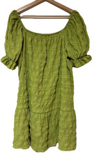 Women's Shein Fluorescent Green Smocked Tiered Mini Dress Puff Sleeves XL