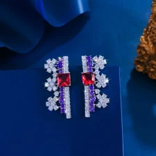 Silver Plated Cubic Zirconia Flower Purple Round Red Square Drop Dangle Earrings