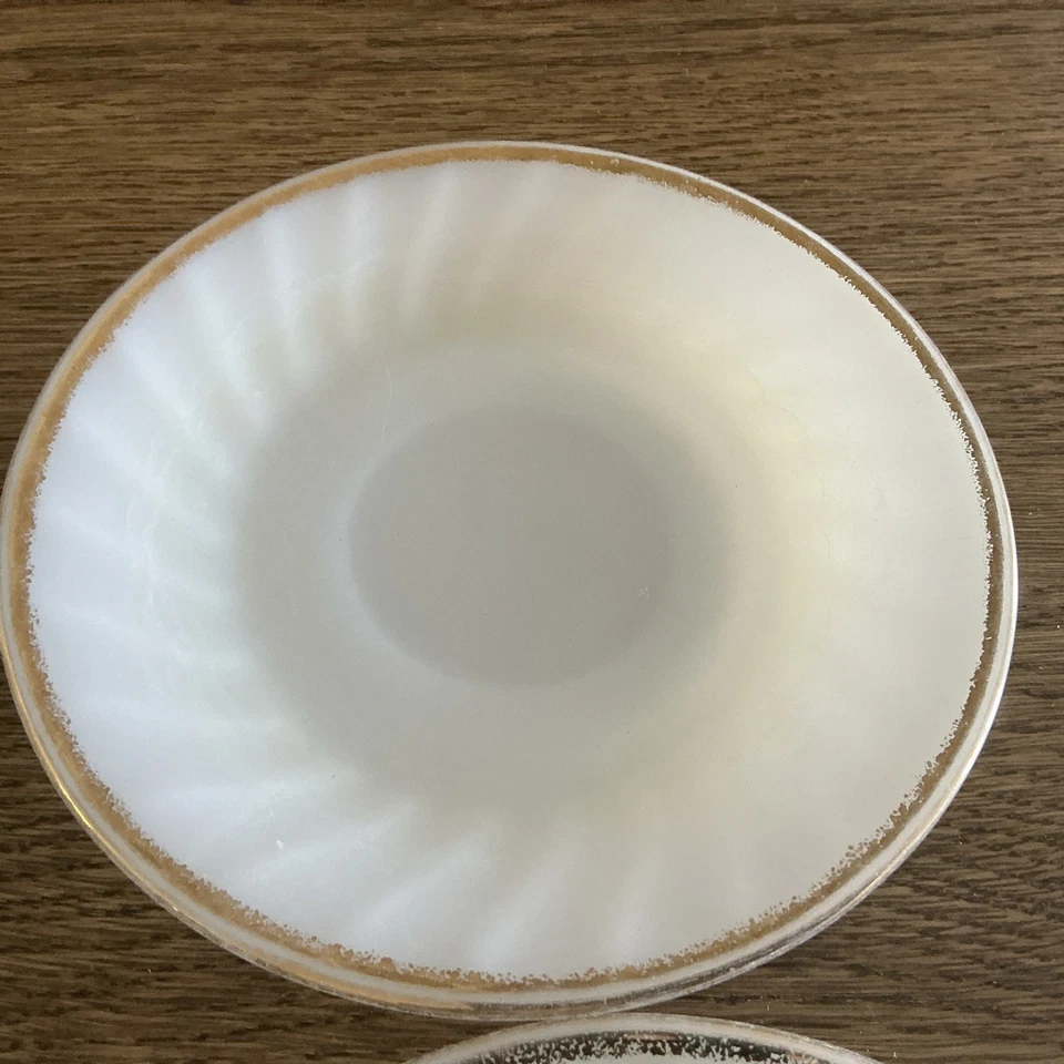 Set of 4 Anchor Hocking Fire-King Milk Glass Swirl White Gold Saucers-Made In US - Image 3 of 4