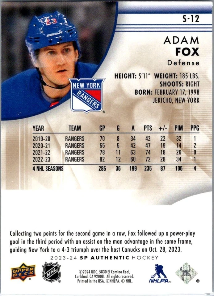 2023-24 Sp Authentic Spectrum Fx Gold /50 Adam Fox - Image 2 of 2