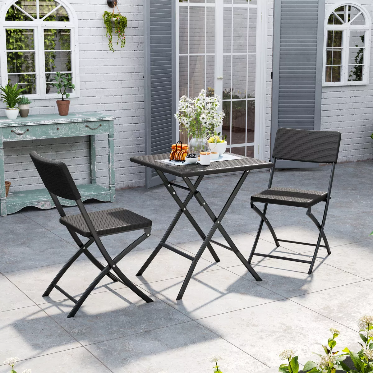 3 Piece Bistro Set Beer Table and 2 Chairs Rattan Plastic Folding Garden Camping