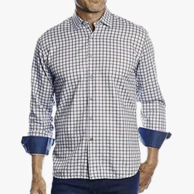 LUCHIANO VISCONTI BLACK Dress Shirt sz M Plaid Button Up Blue Flip Cuff Casual