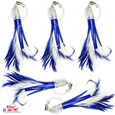 5pcs Fish WOW! 6" Tuna Feather Jet Rigged Fishing Big Game Lures Blue White NEW
