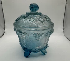 Vintage Jeanette Blue Covered Footed Candy Dish Harvest Grape With  Lid