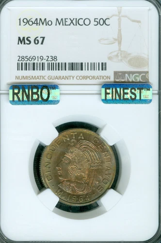 1964 MEXICO 50 CENTAVOS NGC MS67 PQ MAC FINEST GRADE & RNBO RAINBOW  *