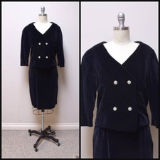 Vintage 1950s/60s Designer Black Velveteen Wiggle Fitted Formal Skirt Suit S
