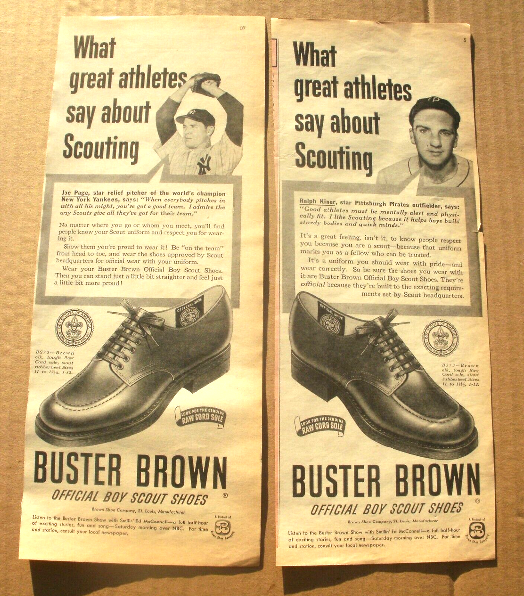 1950-51 Joe Page NY Yankees Ralph Kiner Pirates Buster Brown Shoe Ads