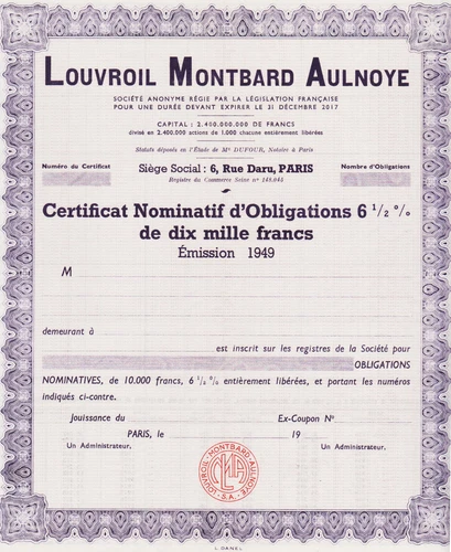 LOUVROIL MONTBARD AULNOYE - CERTIFICATE OF OBLIGATIONS 10000 FRANCS 1949 - FRANCE