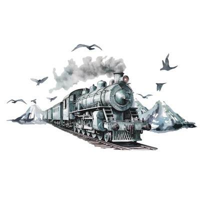 SUPERDANT Vintage Train Wall Sticker Mountain Birds Wall Decal Watercolour Tr...