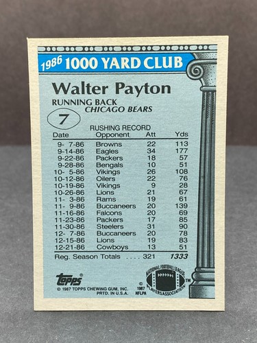 1987 Topps WALTER PAYTON Card Yard Club No. 7 Chicago Bears Crease-Free NM+ - Picture 2 of 2