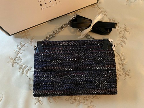 NUEVO WHBM Casa Blanca Mercado Negro Negro Azul Marino Tacones Tweed Talla 9.5M y Bolso de Mano Nuevo con Etiquetas - Imagen 7 de 12