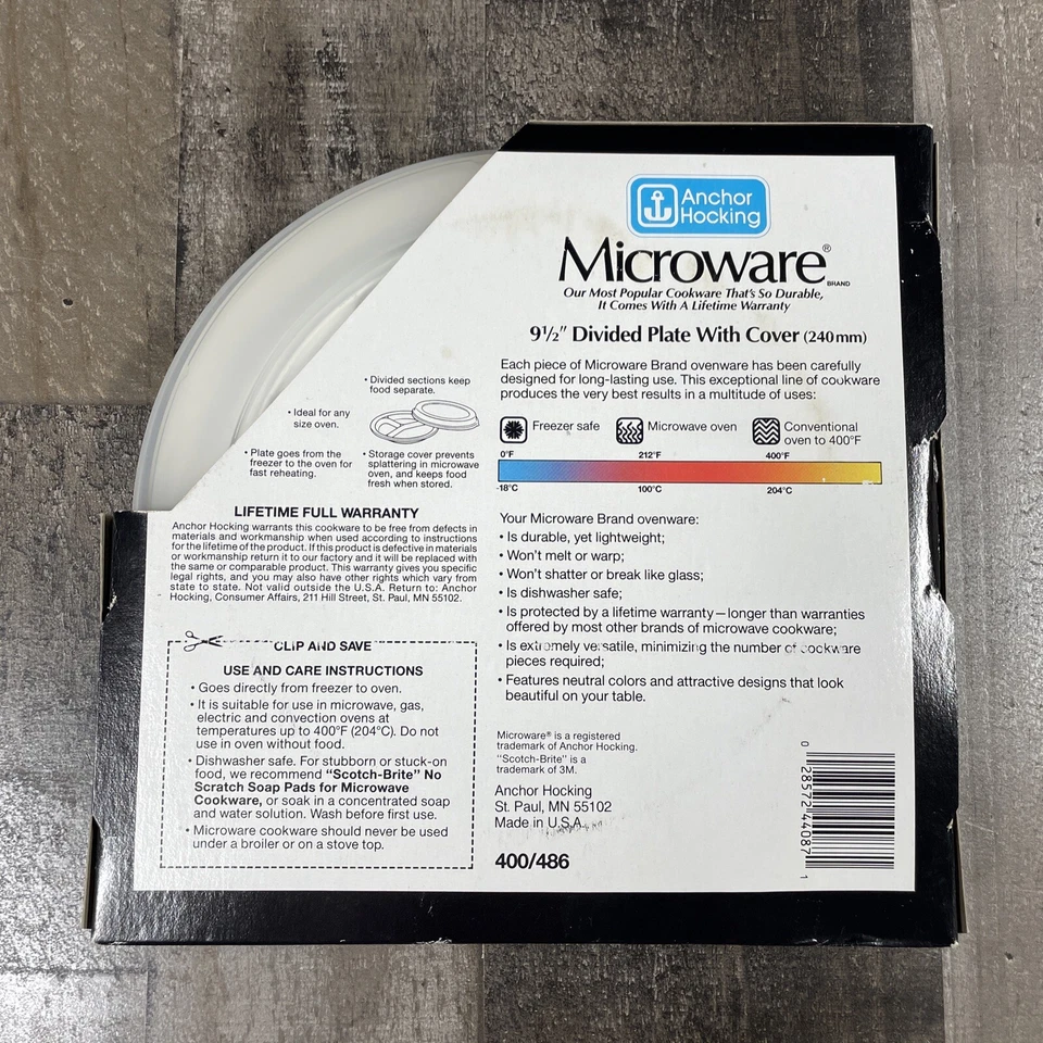 Vintage Anchor Hocking MicroWare 9.5" Divided Plate & Cover 400/486 USA Made NOS - Image 2 of 4