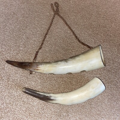 Zwei alte Kuh/Stier Horn Ware Trompete Hängedeko Wikinger geschnitzt Hornware