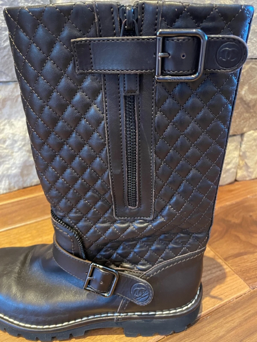 Authentic CHANEL Brown Double Buckle Quilted Moto Boots Size 39