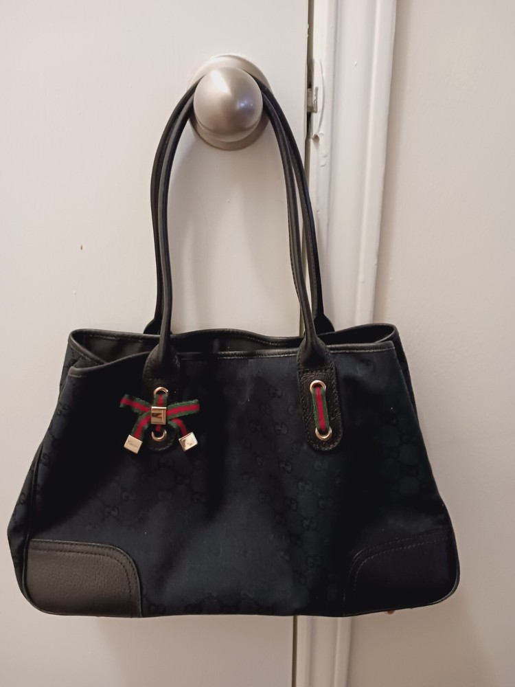 GUCCI Sherry Canvas Leather Shoulder Tote Bag Preowned Excellent Condition