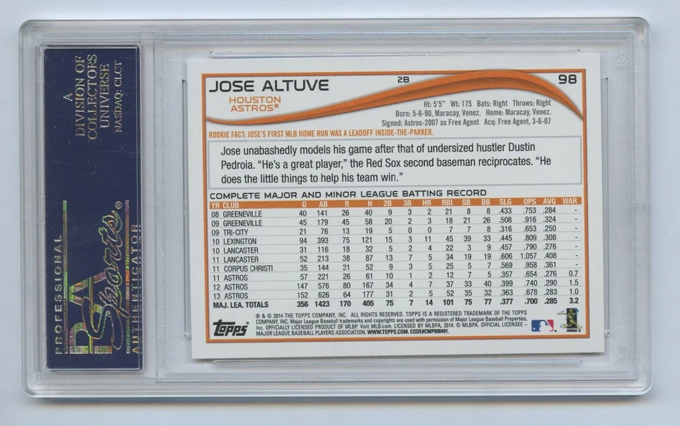 2014 JOSE ALTUVE # 98 Topps Houston Astros & sliding MIKE TROUT PSA Gem Mint 10 - Image 2 of 2