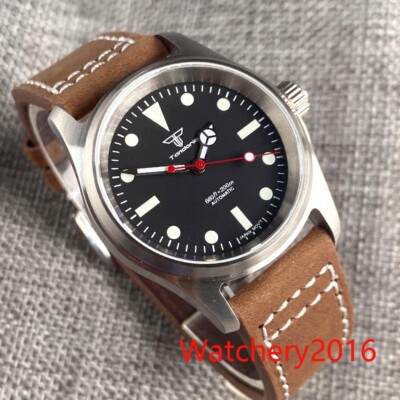 36mm Miyota 8215 Watches For Men Black Dial Down Crown Sapphire glass Green Lume