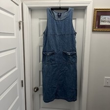 Vintage BJS Overall Jumper Maxi Dress Sz M Blue Denim Button