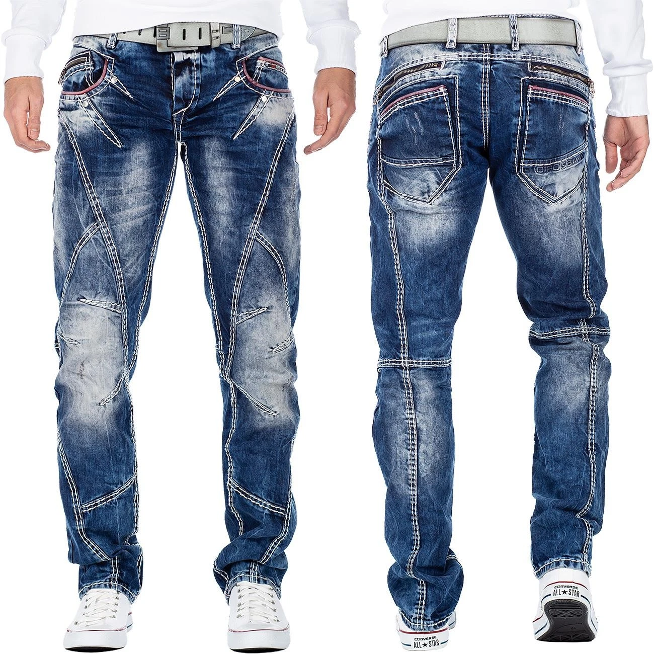 Cipo & Baxx Men's Blue Jeans Regular Fit 5-Pocket Design Logo Button Fly Detail