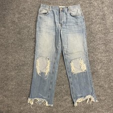 Free People Maggie Mid Rise Straight Leg Jean 27 Distressed Ripped Knees Raw Hem