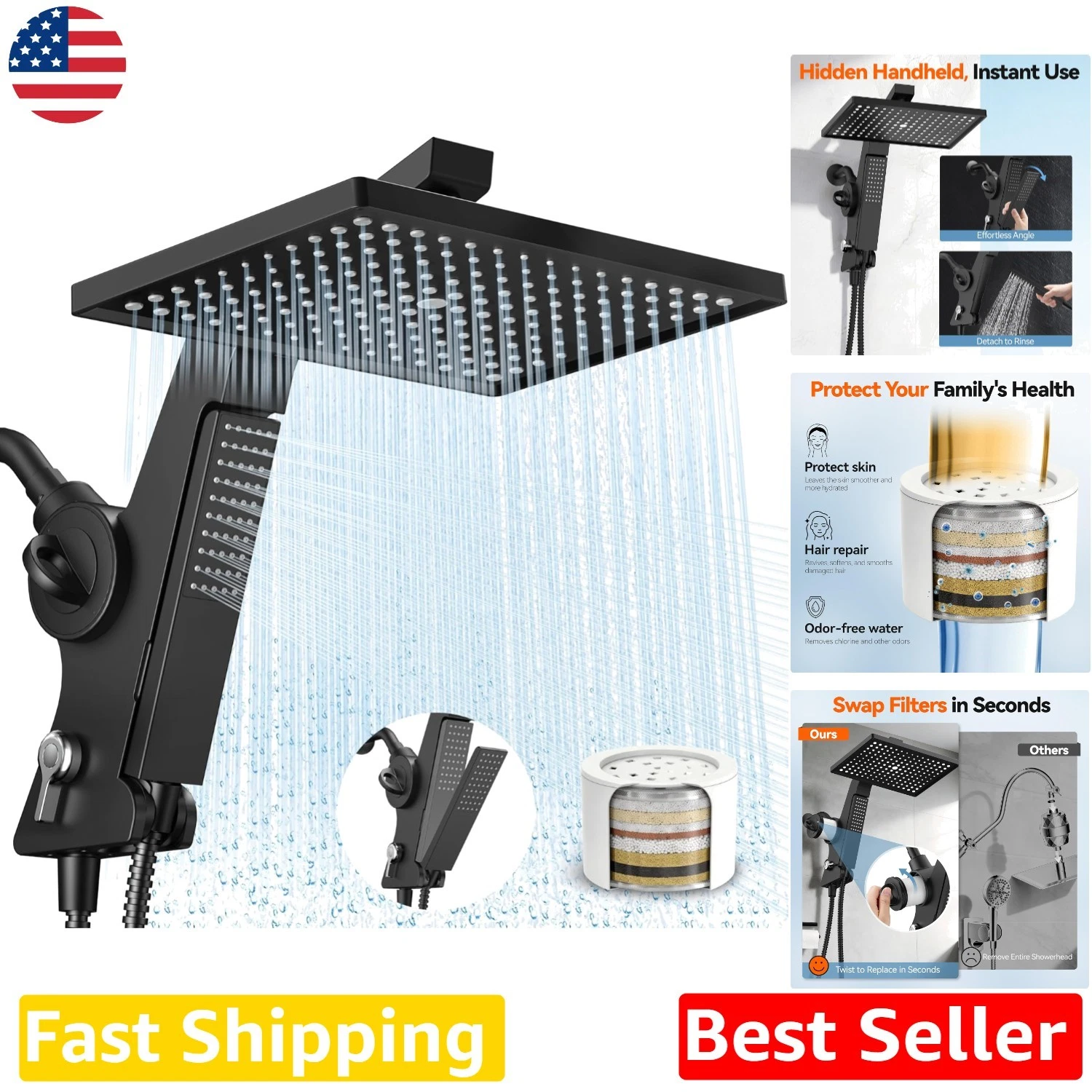 Dual Shower Head, High Pressure, 12" Rainfall, Hidden Wand, Water Filter