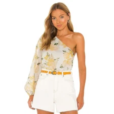 Cami NYC Women Floral Yellow Silk Blend One Shoulder Elegant Blouson Top Size M
