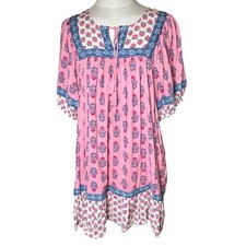 Boho Peasant Block Print Mini Dress Pink Blue Tassel Cotton Blend Old Navy LP