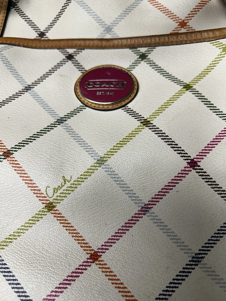 Coach Peyton Tattersall Tote Purse Handbag Ivory Plaid Inside Stains See Pics - Image 3 of 4