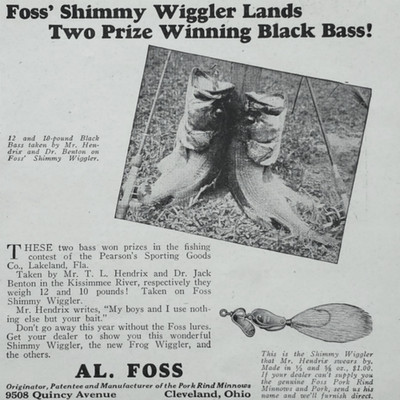 Foss Shimmy Wiggler Black Bass Pork Rind Minnow Fishing 1928 Vtg Print Ad