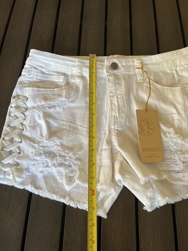 Aphrodite Denim Shorts women’s Mid Rise Distressed Destroyed Ripped L white - Picture 7 of 10