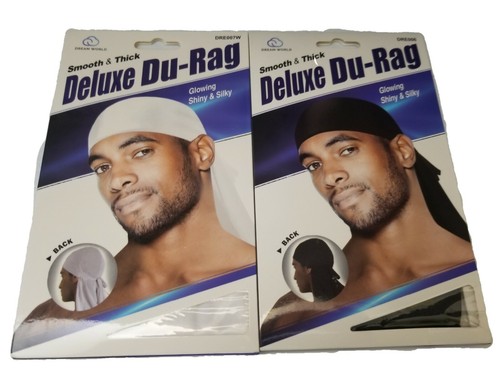 (2 PAQUETES) Blanco y Negro Du-Rag Grueso Durag Onda Cúpula Bandana Corbata Larga ABUCHEO - Imagen 2 de 3
