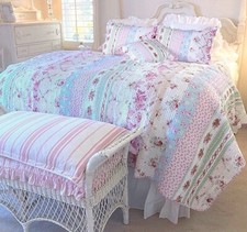 WILD ROSE VINTAGE 3pc King QUILT SET : COTTON COZY COTTAGE PINK GREEN BLUE