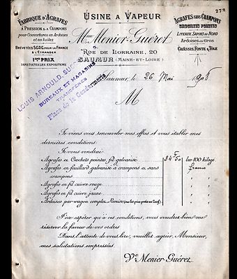 SAUMUR (49) STAPLE FACTORY ''MENIER, GUERET & PUICHAUD / Louis ARNOULD'' in 1908
