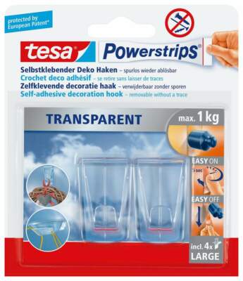 tesa Powerstrips transparent Deco-Haken XL, 2 Haken/4 Strips