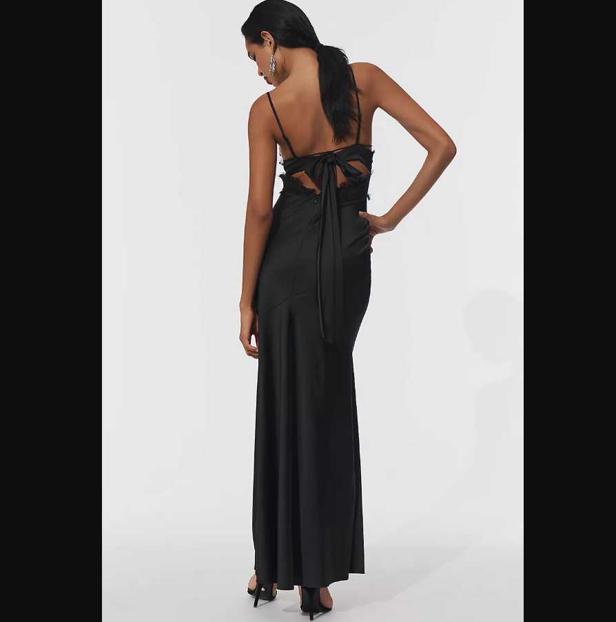 New L Anthropologie x For Love & Lemons heart maxi black slip dress