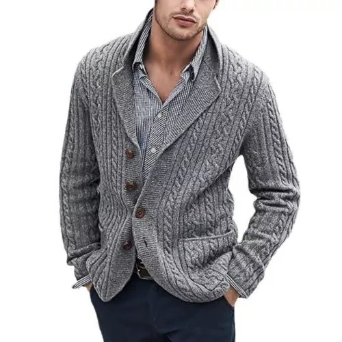 Men's Long Sleeve Cardigan Sweater Single-Breasted Pocket Casual Twisted Sweater - Picture 8 of 24