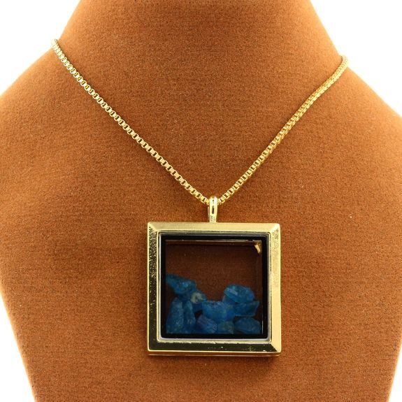 Collier Apatite Bleu Néon Brut - Pierre Rectangle à Pans Coupés, Bijou Unique A Bijoux