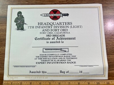 Certificate of Achievement Expert Infantryman Badge 7th Inf Div 3rd Bde Fort Ord