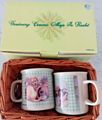 NEW PUPPY AND KITTEN PALS  Gardening Ceramic Mugs in Basket.