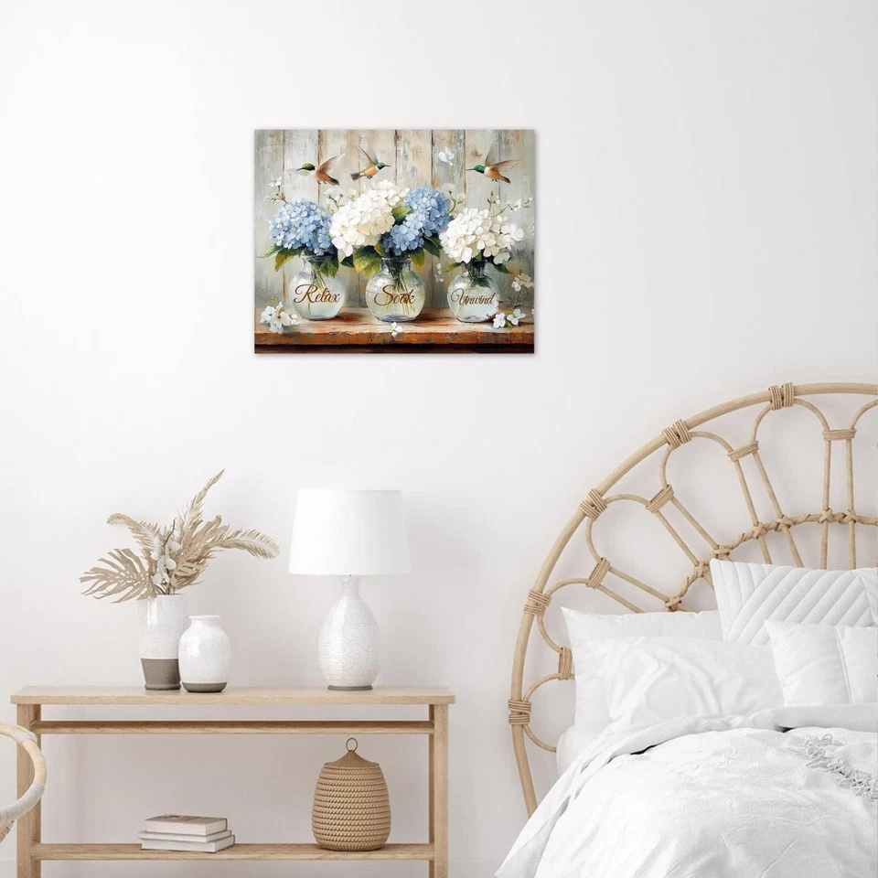 Rustic Plant Blue Hydrangea Hummingbird Canvas Wall Art for Bathroom Living Room - Image 4 of 4