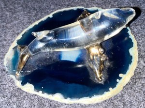 Glass Dolphin Figurine Gold Trim On Agate Slice  4" Collectible