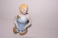 Antique Half Doll Porcelain Blonde Blue Bodice Hands on Hips Pin Cushion ExCnd