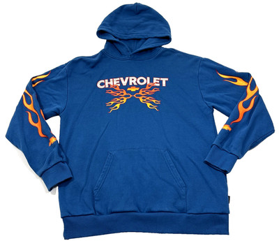 Brixton x Chevrolet Friendly Union Flames Hoodie Mens Medium Blue Pullover EUC