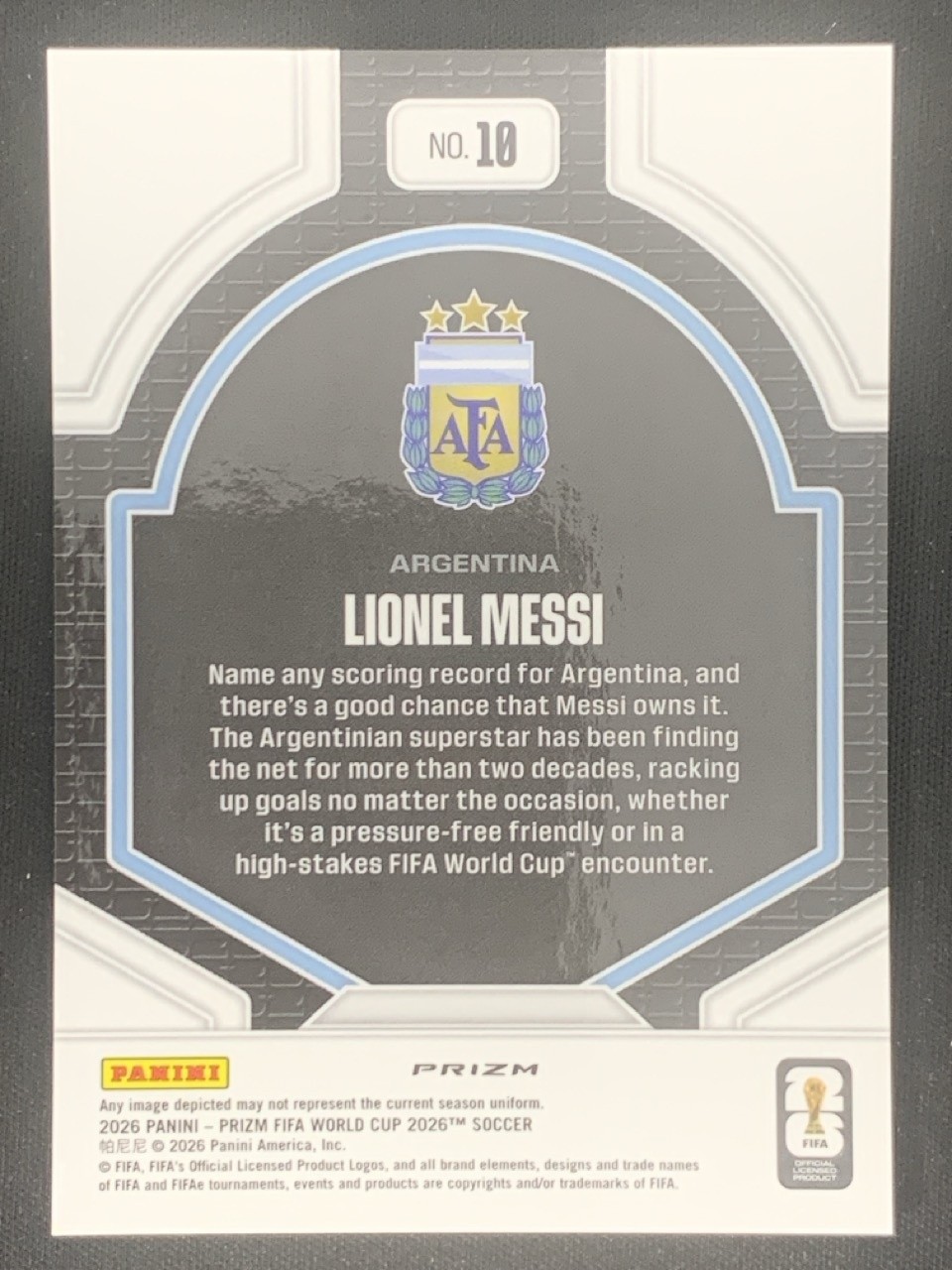 Lionel Messi 2026 Panini Prizm FIFA World Cup National Pride #10 wd4 view 2
